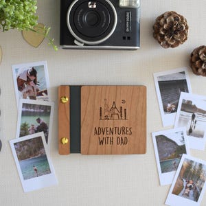 Handcrafted Mini Keepsake polaroid Photo Book With A Wooden Cover And Customizable Engraving, Perfect For Father's Day. This Unique Gift For Dad Features The Message adventures with dad And Is An Ideal Father's Day Gift For Him.