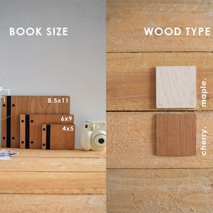 a comparison between a book and a piece of wood, with the book size represented by a wooden book and the wood type represented by a wooden block.