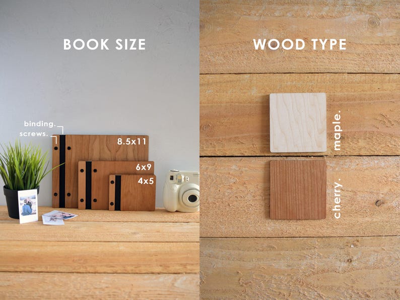 a comparison between a book and a piece of wood, with the book size represented by a wooden book and the wood type represented by a wooden block.