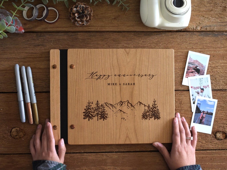 Personalized Anniversary Album – Engraved Wood, Custom Gift for Couples, Celebrate One Year Down with a Unique Journal.