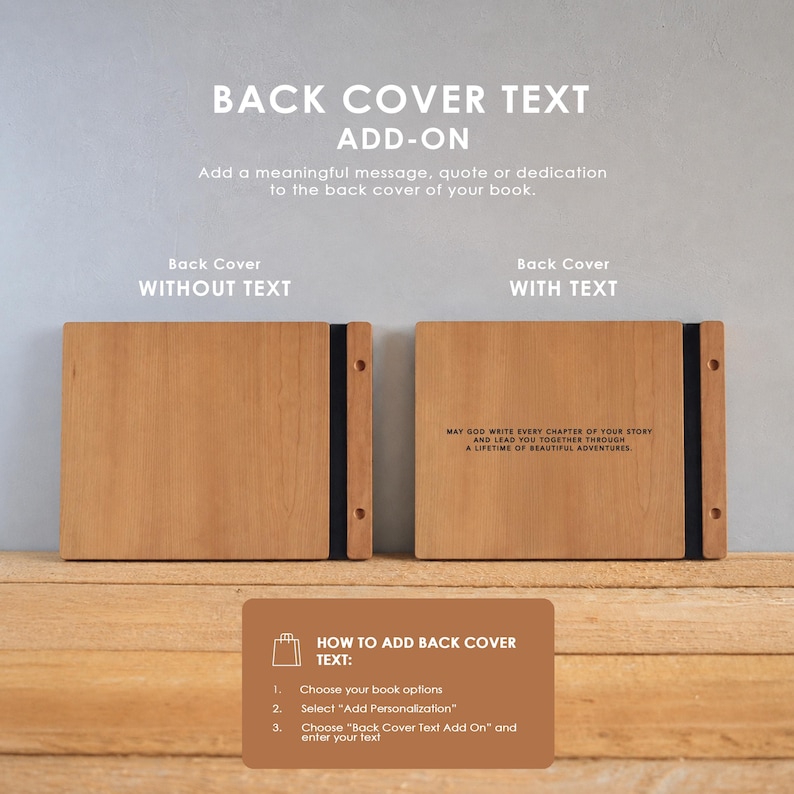 two wooden back cover books with text on them, placed on a wooden surface.