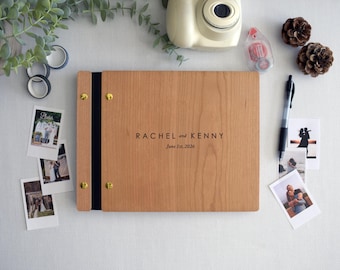 Custom Minimalist Wooden Wedding Guest Book with Polaroid Photo Pages, Personalized Wood Guestbook, Rustic Wedding Album Keepsake