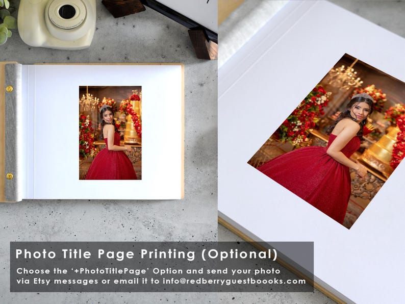a photo book with a picture of a woman in a red dress