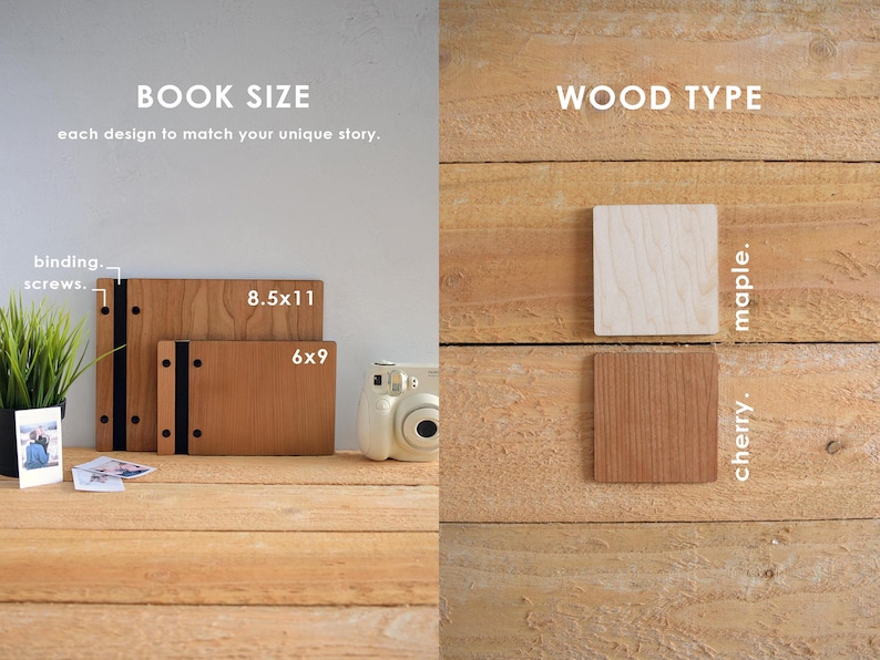 a variety of book sizes and wood types, with each item placed on a wooden surface. The book sizes are 8.5 x 11, 6 x 9, and 6 x 9, while the wood types are cherry and maple.