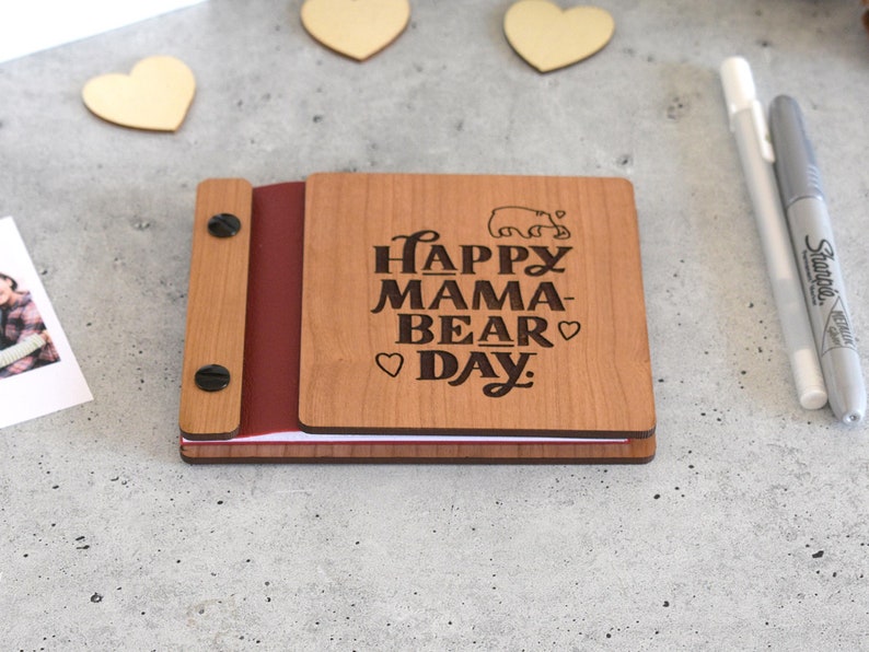 Celebrate Mothers Day with a custom-engraved Mama-Bear wooden photo book – a gift of love.