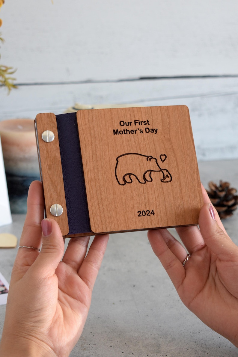 2024 Mothers Day memory book, an engraved wooden treasure for new moms and their little ones.