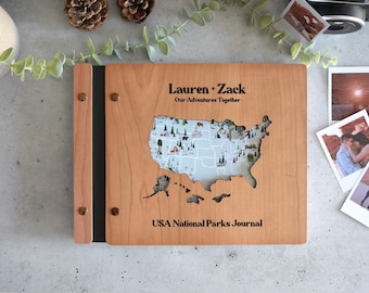 USA National Park Map Adventure Book, National Park Sign, Wooden Travel Map, Gift for Dad, Personalized Travel Journal, Gift for Adventurers