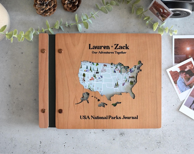 USA National Park Map Adventure Book, National Park Sign, Wooden Travel Map, Gift for Dad, Personalized Travel Journal, Gift for Adventurers