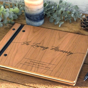 Customized Wooden Memorial Book: Engraved Design, Premium Quality, Acid-Free, UV Safe. Ideal for Celebrations of Life.