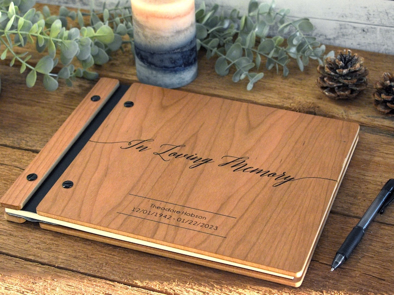 Customized Wooden Memorial Book: Engraved Design, Premium Quality, Acid-Free, UV Safe. Ideal for Celebrations of Life.