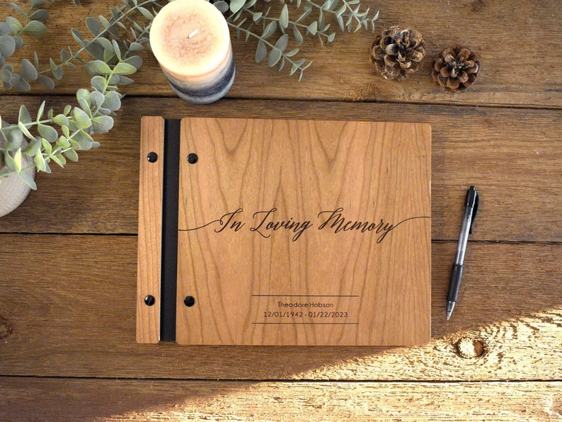 Custom Wooden Memorial Guest Book: Personalized Engraving, Handcrafted for Funerals & Celebrations of Life. in loving memory
