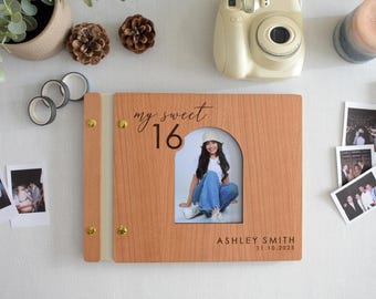 Personalized Sweet 16 wooden Guest Book with Photo Cutout with options for lined pages.