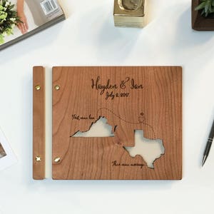 Wanderlust Travel Wedding Guest Book Map Wedding Guestbook, wood wedding Book Destination wedding Album First comes love then comes marriage image 2