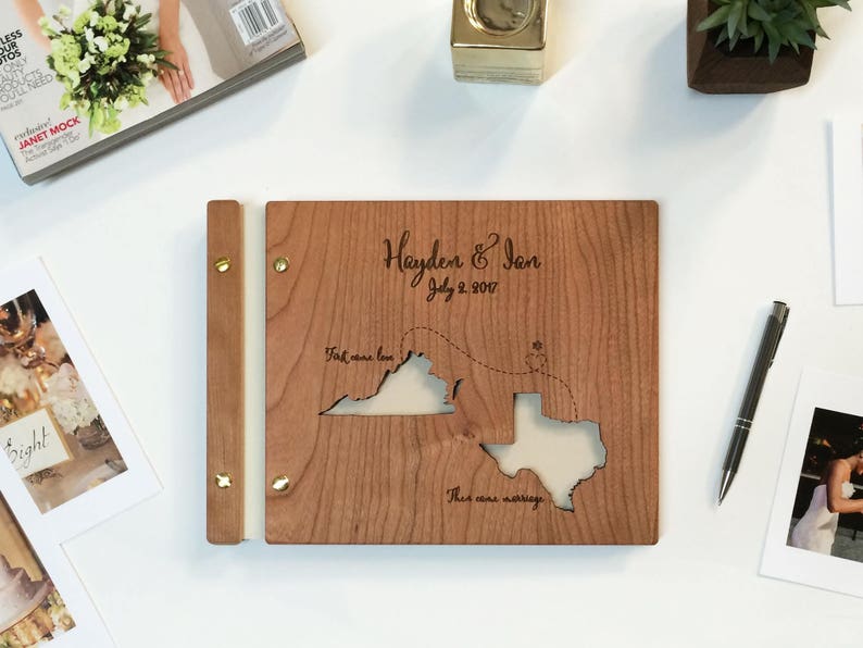Wanderlust Travel Wedding Guest Book Map Wedding Guestbook, wood wedding Book Destination wedding Album First comes love then comes marriage image 2
