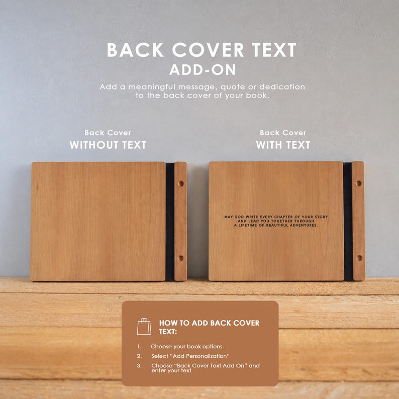 two wooden back cover books with text on them, placed on a wooden surface.