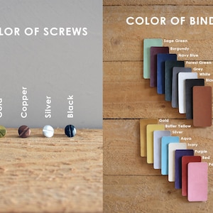 The image is a split view, with one side showing a close-up of a collection of colored screws and the other side displaying a color swatch of various binding colors.