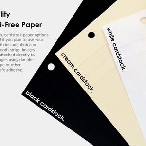three different colored cardstock paper options, each with a hole in the center, and provides information about their quality and uses.