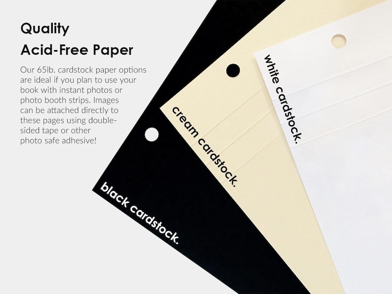 three different colored cardstock paper options, each with a hole in the center, and provides information about their quality and uses.