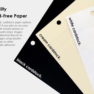 three different colored acid-free paper options, including black, cream, and white cardstock, with text explaining their uses and benefits.