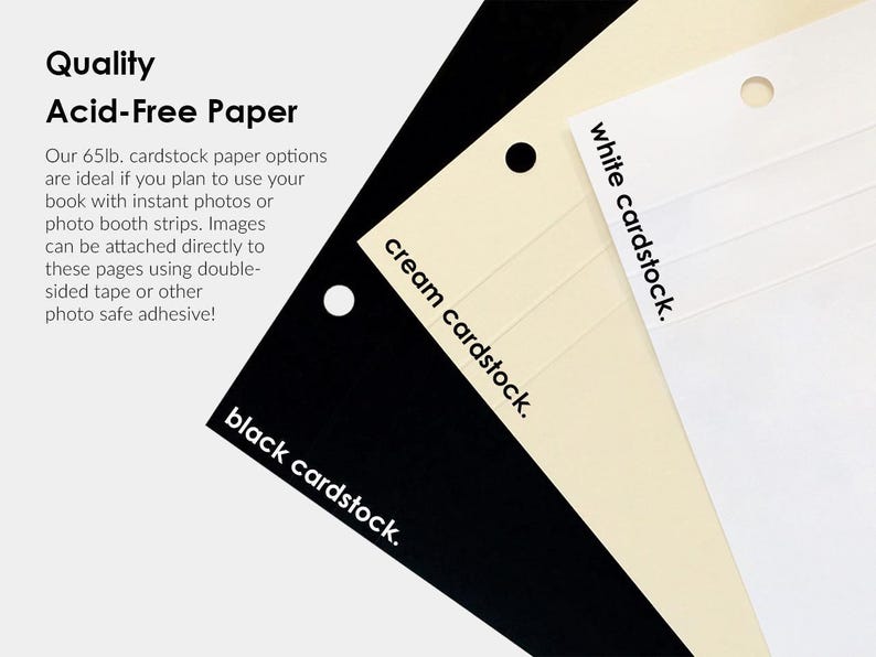 three different colored acid-free paper options, including black, cream, and white cardstock, with text explaining their uses and benefits.