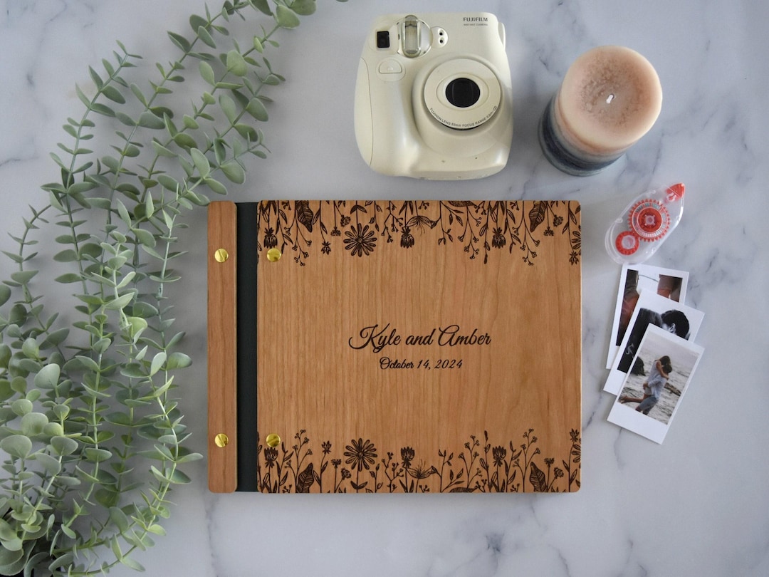 Floral Wedding Guest Book, Guest Book Sign In, Wedding Welcome Book, Just Married Photo Album, Wedding Gift, Personalized Wedding Book - 8.5x11 Cherry Wood, 60 - Black Cardstock Paper
