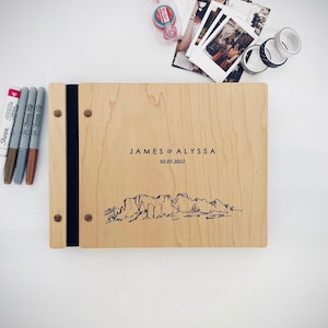 Custom Wooden Guestbook with Desert Landscape Engraving - Personalized Wedding Adventure Guest book
