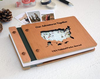 Carnet d'aventures avec carte du parc national des États-Unis, panneau du parc national, cadeau en bois des parcs nationaux, album photo du parc national, cadeau de journal de voyage pour lui