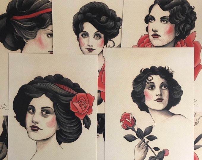 Red Roses for Me, set of 8 Ladies with Roses Tattoo Art Prints.