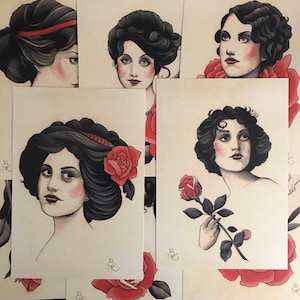 May include: Four vintage-style illustrations of women with dark hair and red roses. Each illustration is framed with a black border and has a white background.