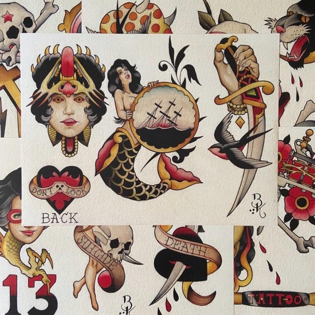 Tattoo Flash Set 70 by Brian Kelly. 5 Sheets. - Etsy