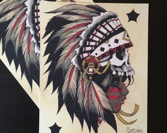 Native Woman with Skull Hat Tattoo Art Print