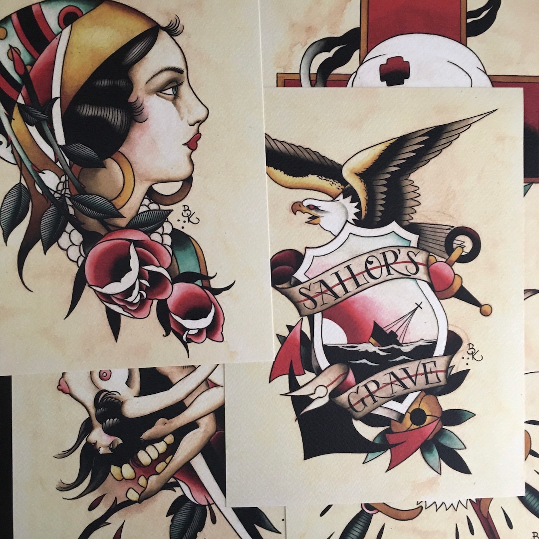 Set of 5 Tattoo Flash Art Prints - Etsy
