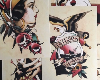 Set van 5 Tattoo Flash Art Prints