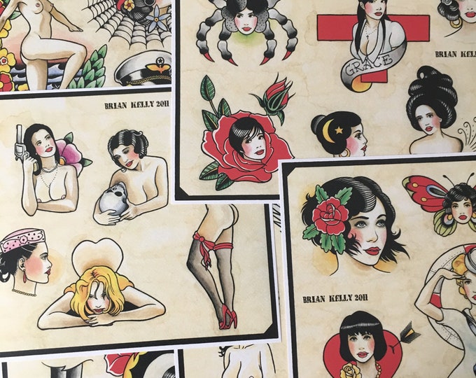 Girls, Girls, Girls Tattoo Flash Set 8 by Brian Kelly. 6 sheets.