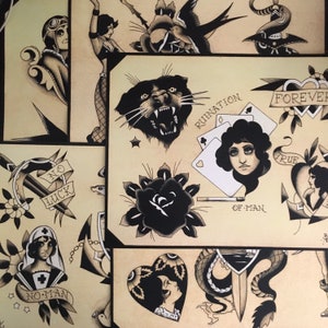 Black, Grey, and White Traditional Tattoo Flash Set 28 by Brian Kelly. 5 Sheets
