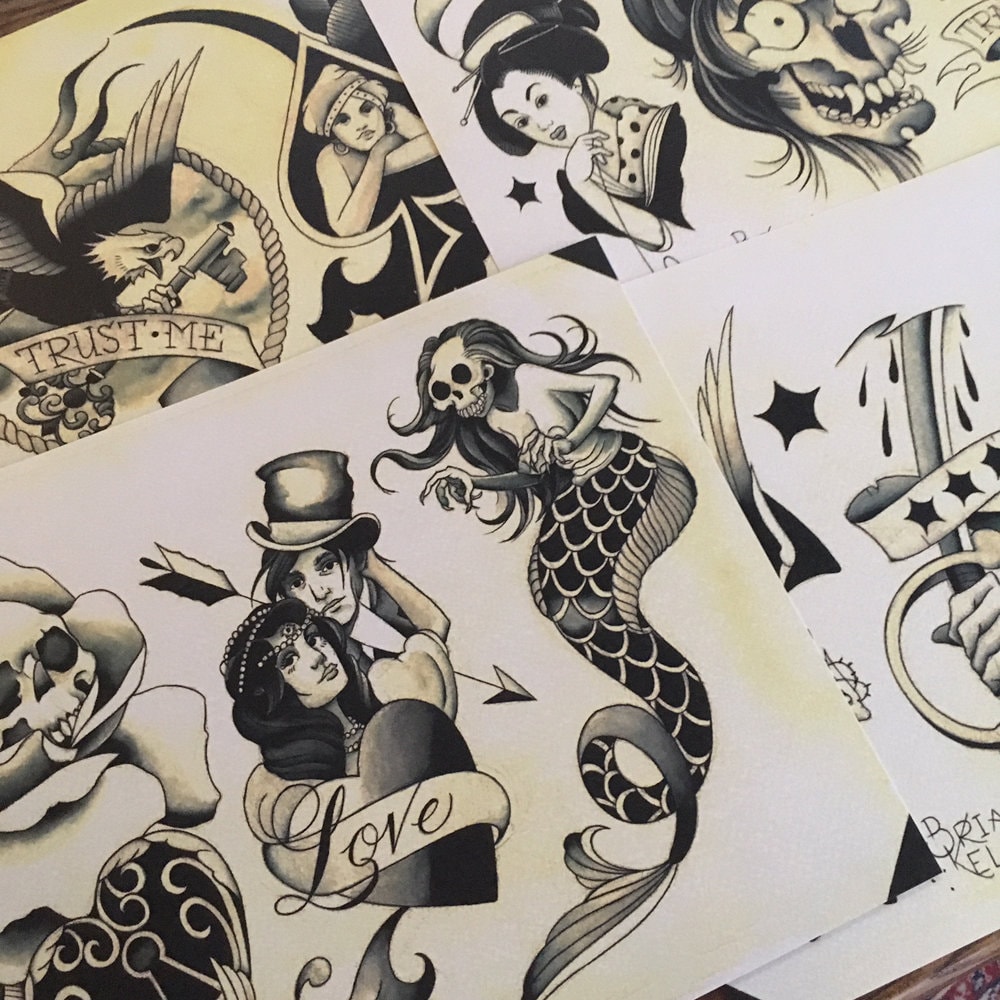 Shades of Grey Tattoo Flash Set 32 by Brian Kelly. 4 Sheets.