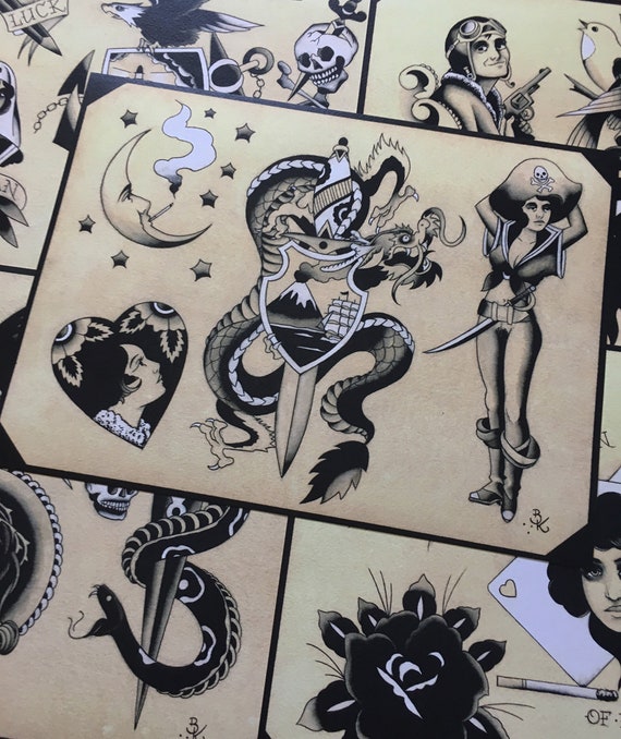 Black Grey and White Traditional Tattoo Flash Set 28 by | Etsy