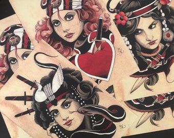 Gypsy Girls with Snakes and Daggers Tattoo Art Prints.  Set of 3.