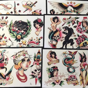 Zestaw Tattoo Flash 17 autorstwa Briana Kelly&#39;ego. 6 arkuszy.