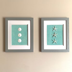 Burlap Beach Wall Decor with starfishes and sand dollars (Set of 2 - Frames Included)!