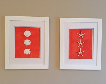 Burlap Beach Wall Decor with starfishes and sand dollars (Set of 2 - Frames Included)!