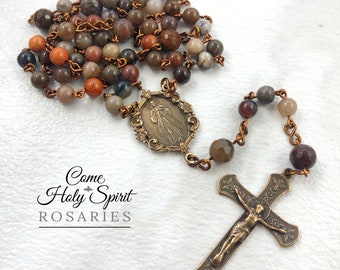 Catholic Divine Mercy Rosary--Catholic Rosary--Jasper- Petrified Wood and Solid Bronze-Handmade Divine Mercy Rosary-Catholic Gift