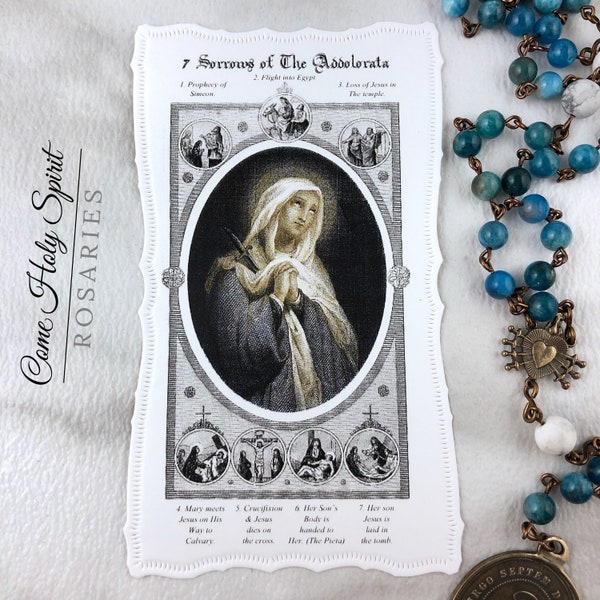 Seven Sorrows of Mary Paper Lace Holy Card --Handpressed Catholic Gift Handmade Antique Prayer Card