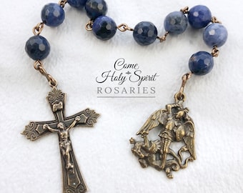 St. Michael Catholic Pocket Rosary in Sodalite and Solid Bronze-Catholic Rosary-St Michael Rosary-Handmade Catholic Rosary