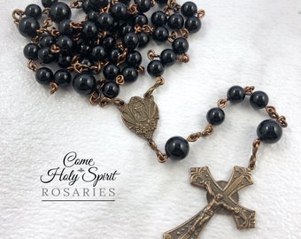 First Communion Catholic Rosary in Solid Bronze - Mixed Stone - Black Onyx - Handmade Catholic Rosary -Eucharist