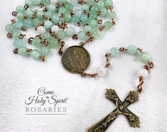 St. Joseph Catholic Rosary in Solid Bronze - Jade, Moonstone - Handmade Catholic Rosary