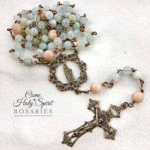 St. Anne Rosary- Aquamarine, Sunstone, and Solid Bronze- Custom-Handmade--Catholic Rosary--St. Ann rosary