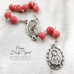 Seven Sorrows Catholic Pocket Chaplet - Silver, Pink Agate - Our Lady of Sorrows Chaplet Catholic Handmade