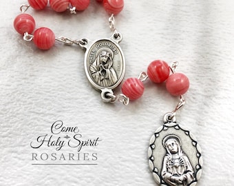 Seven Sorrows Catholic Pocket Chaplet - Silver, Pink Agate - Our Lady of Sorrows Chaplet Catholic Handmade