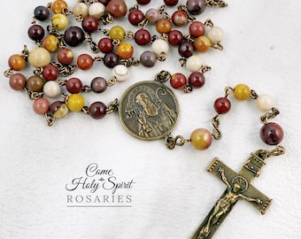 St. Benedict Catholic Rosary with Mookaite and Solid Bronze --Catholic St. Benedict Rosary - Handmade